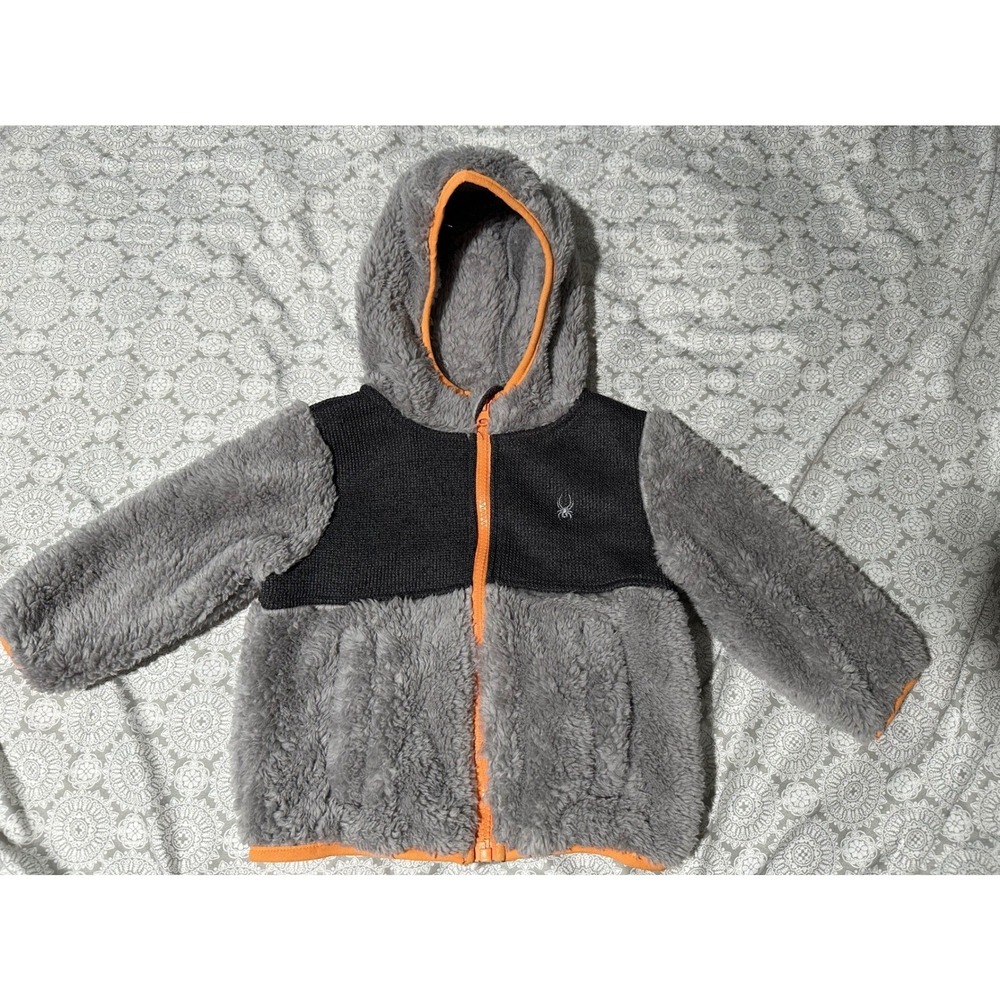 Spyder Toddler Boys Grey Faux Fur Full Zip Hooded Fleece Jacket 18M